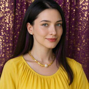 Chunky Statement Necklace Gold Plated Stainless Steel Crushed Stone Pearl